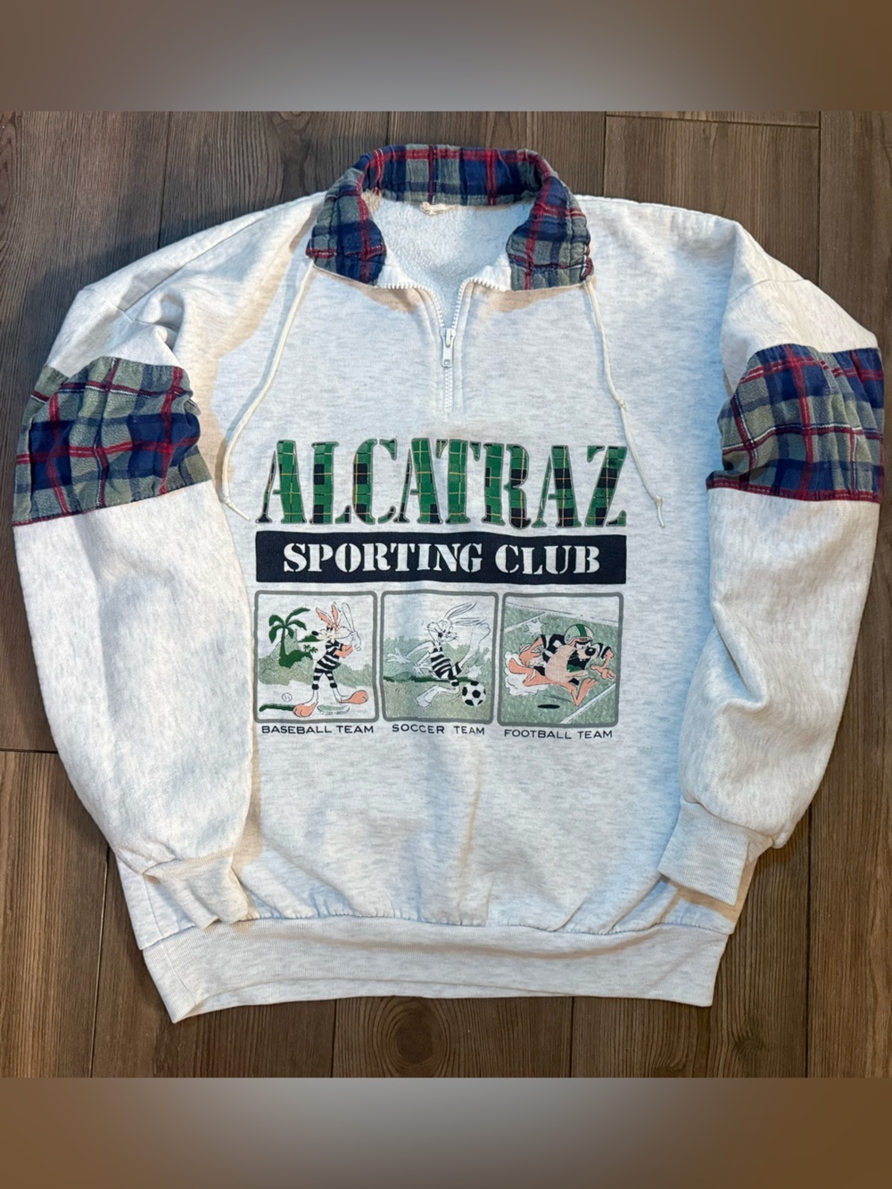 Vintage 80s Alcatraz Sporting Club Looney Tunes Plaid Sweatshirt XL Made In USA
